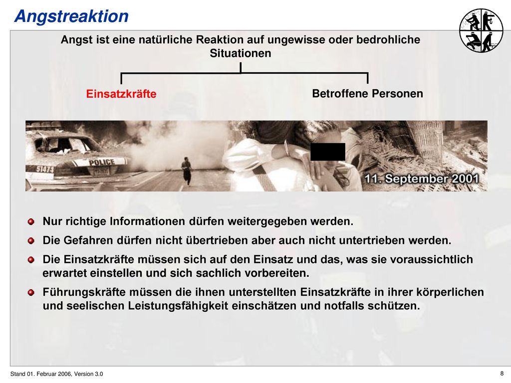 Angstreaktion Angst ist eine natürliche Reaktion auf ungewisse oder bedrohliche Situationen. Einsatzkräfte.