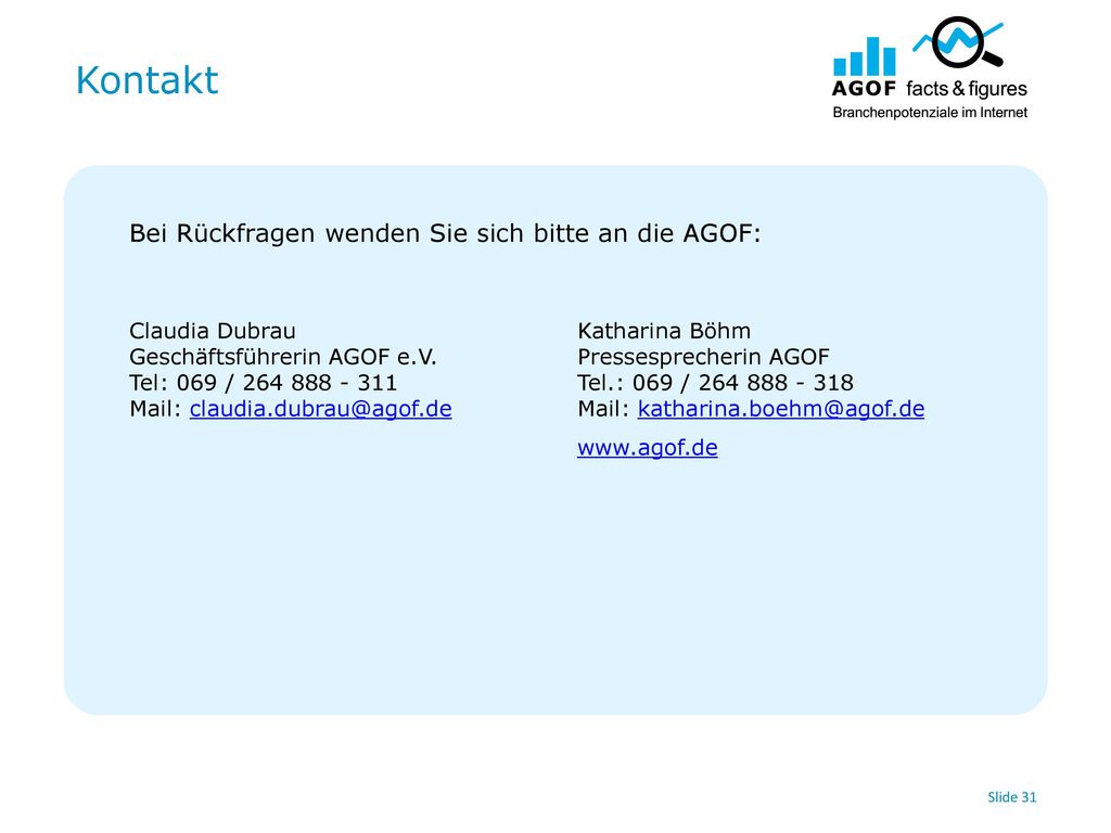 Kontakt Bei Rückfragen wenden Sie sich bitte an die AGOF: