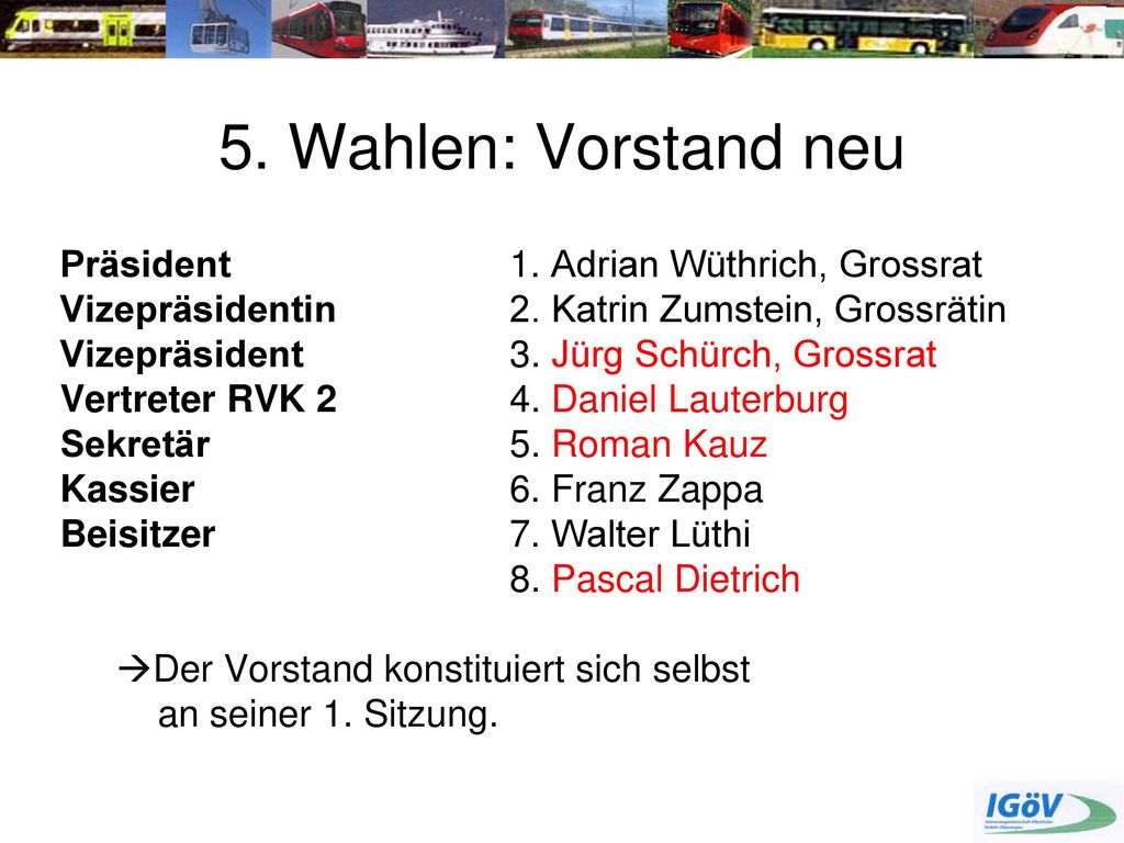 5. Wahlen: Vorstand neu Präsident 1. Adrian Wüthrich, Grossrat