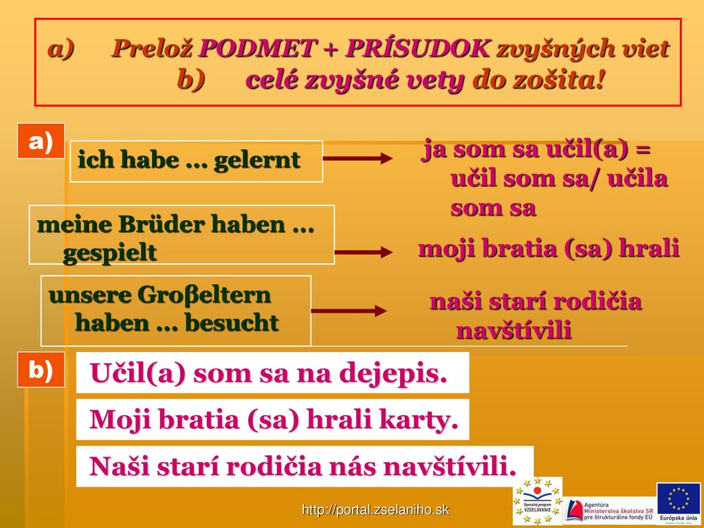 Prelož PODMET + PRÍSUDOK zvyšných viet b) celé zvyšné vety do zošita!