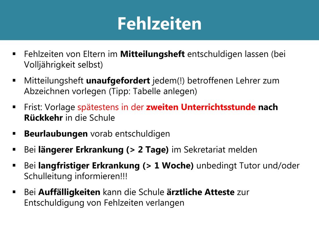 Fehlzeiten Fehlzeiten von Eltern im Mitteilungsheft entschuldigen lassen (bei Volljährigkeit selbst)