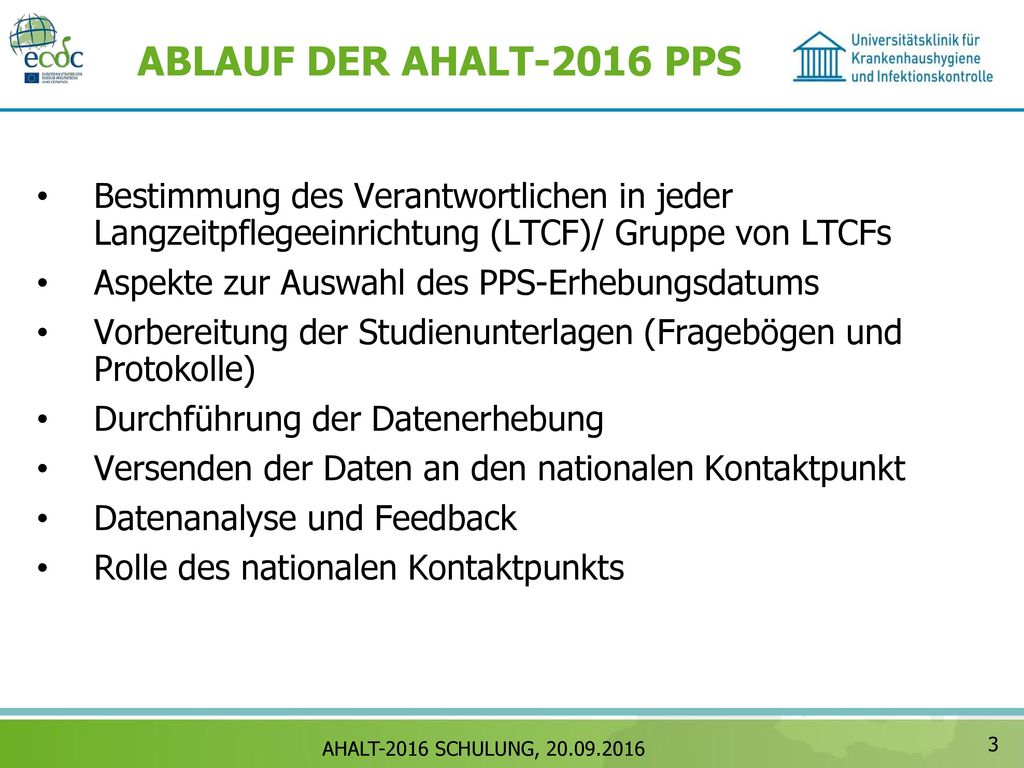 ABLAUF DER AHALT-2016 PPS Bestimmung des Verantwortlichen in jeder Langzeitpflegeeinrichtung (LTCF)/ Gruppe von LTCFs.