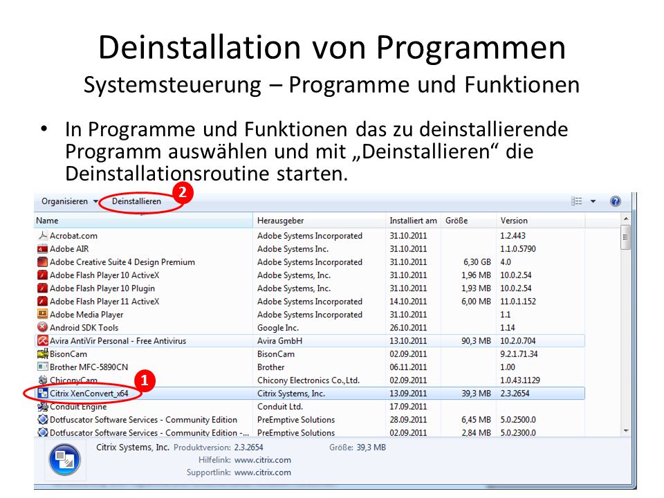 Deinstallation von Programmen Systemsteuerung – Programme und Funktionen