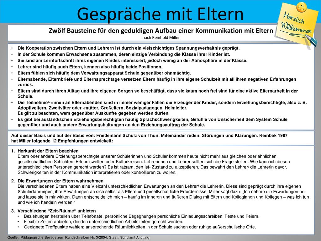 Gespräche mit Eltern Zwölf Bausteine für den geduldigen Aufbau einer Kommunikation mit Eltern. nach Reinhold Miller.