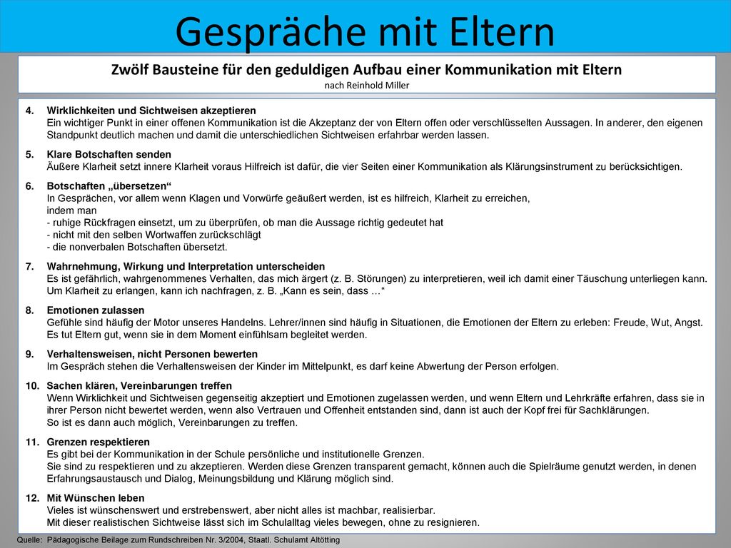 Gespräche mit Eltern Zwölf Bausteine für den geduldigen Aufbau einer Kommunikation mit Eltern. nach Reinhold Miller.