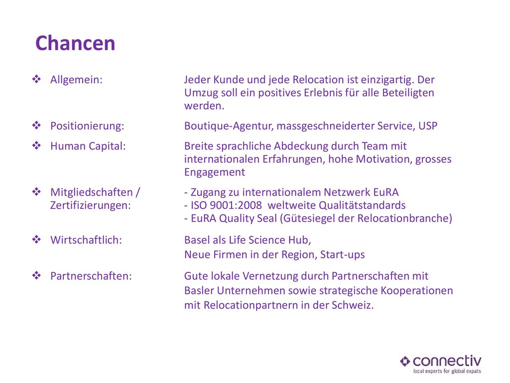 Chancen Allgemein: Jeder Kunde und jede Relocation ist einzigartig. Der Umzug soll ein positives Erlebnis für alle Beteiligten werden.