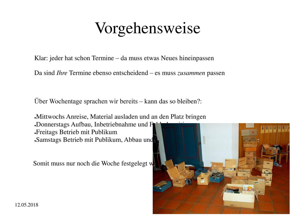 Vorgehensweise Klar: jeder hat schon Termine – da muss etwas Neues hineinpassen. Da sind Ihre Termine ebenso entscheidend – es muss zusammen passen.