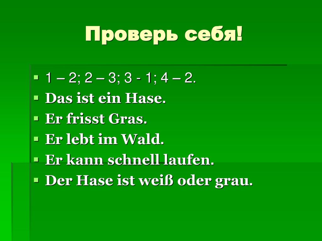 Проверь себя! 1 – 2; 2 – 3; 3 - 1; 4 – 2. Das ist ein Hase.