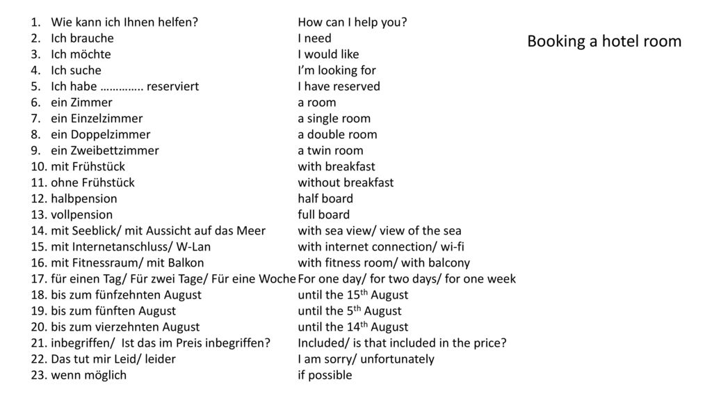 Booking a hotel room Wie kann ich Ihnen helfen How can I help you