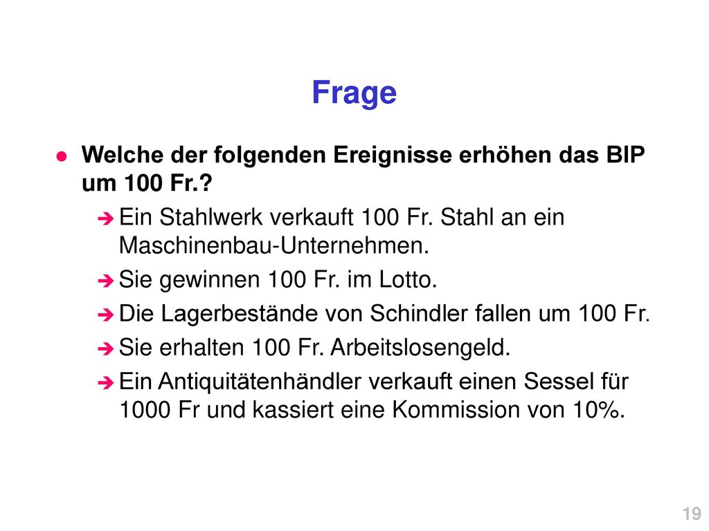 Frage Welche der folgenden Ereignisse erhöhen das BIP um 100 Fr.
