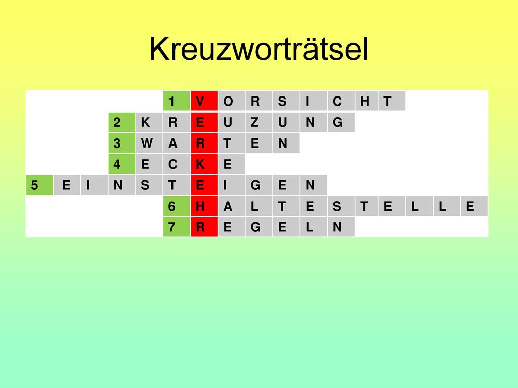 Kreuzworträtsel 1 V O R S I C H T 2 K E U Z N G 3 W A L 7