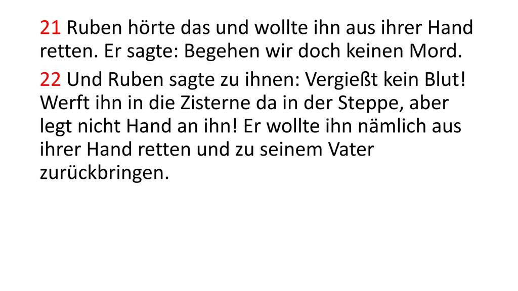 21 Ruben hörte das und wollte ihn aus ihrer Hand retten