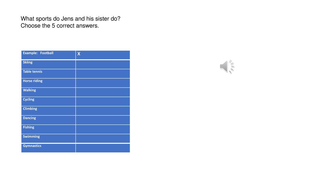 What sports do Jens and his sister do Choose the 5 correct answers.