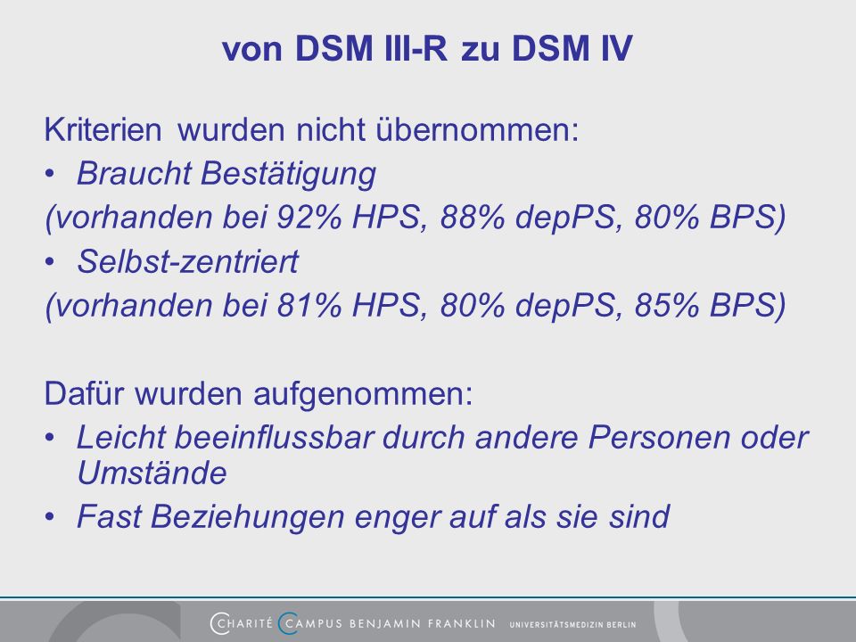 von DSM III-R zu DSM IV Kriterien wurden nicht übernommen: