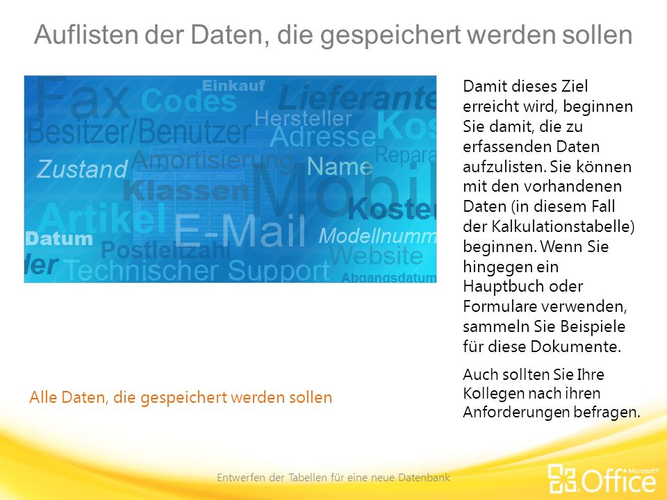 Auflisten der Daten, die gespeichert werden sollen