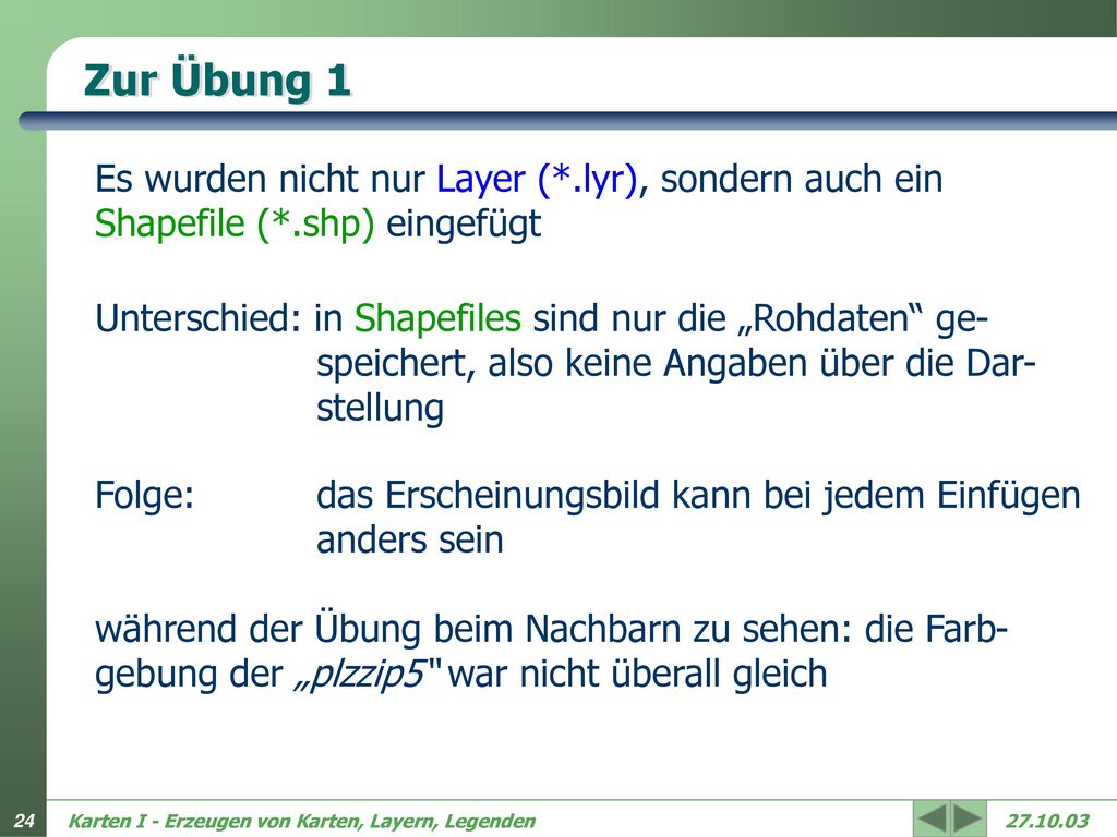 Zur Übung 1 Es wurden nicht nur Layer (*.lyr), sondern auch ein