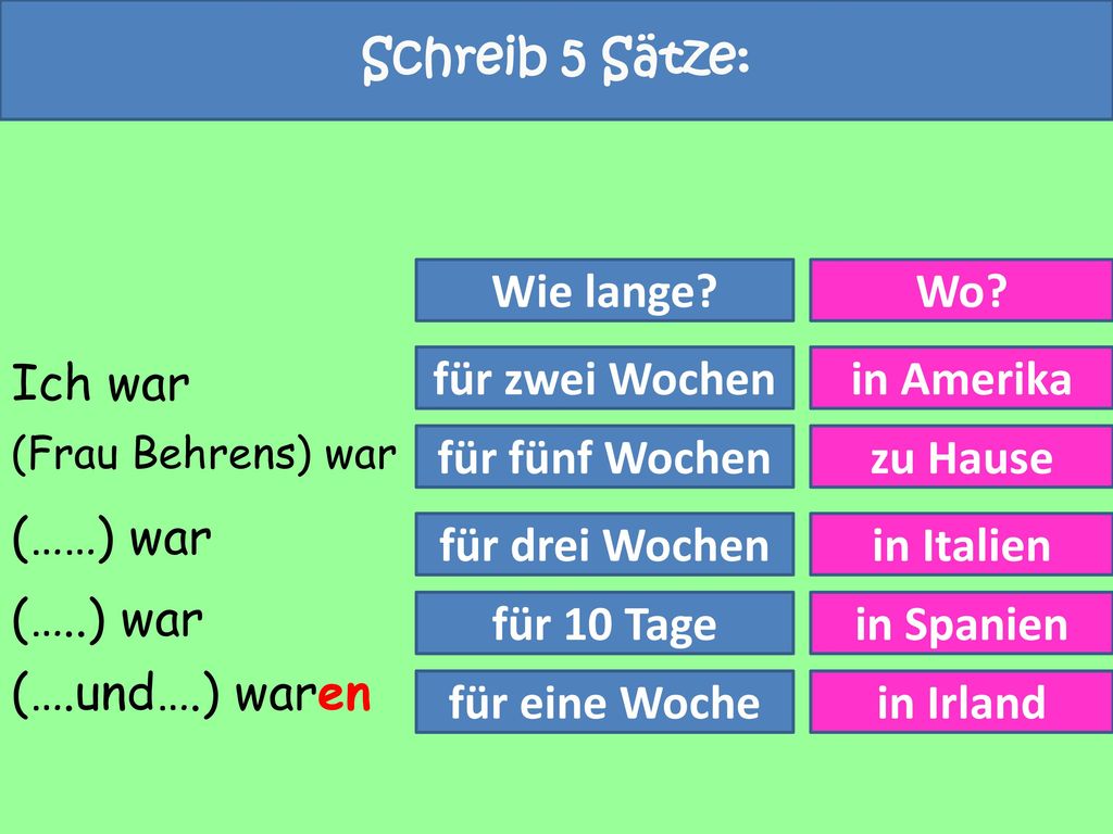 Schreib 5 Sätze: Wie lange Wo Ich war (…..) war für zwei Wochen