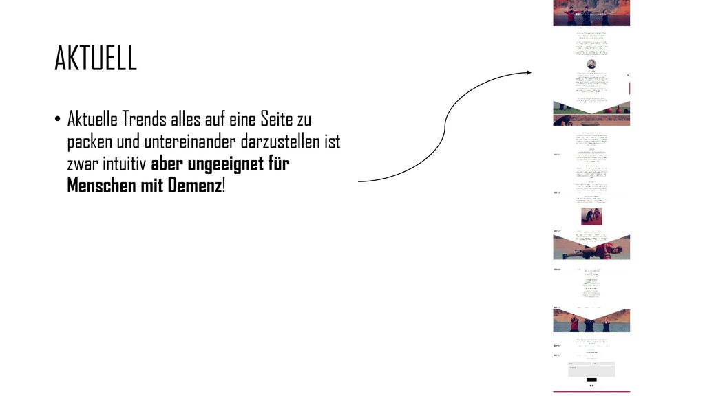 Aktuell Aktuelle Trends alles auf eine Seite zu packen und untereinander darzustellen ist zwar intuitiv aber ungeeignet für Menschen mit Demenz!