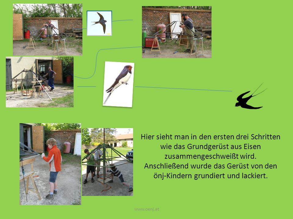 Hier sieht man in den ersten drei Schritten wie das Grundgerüst aus Eisen zusammengeschweißt wird.