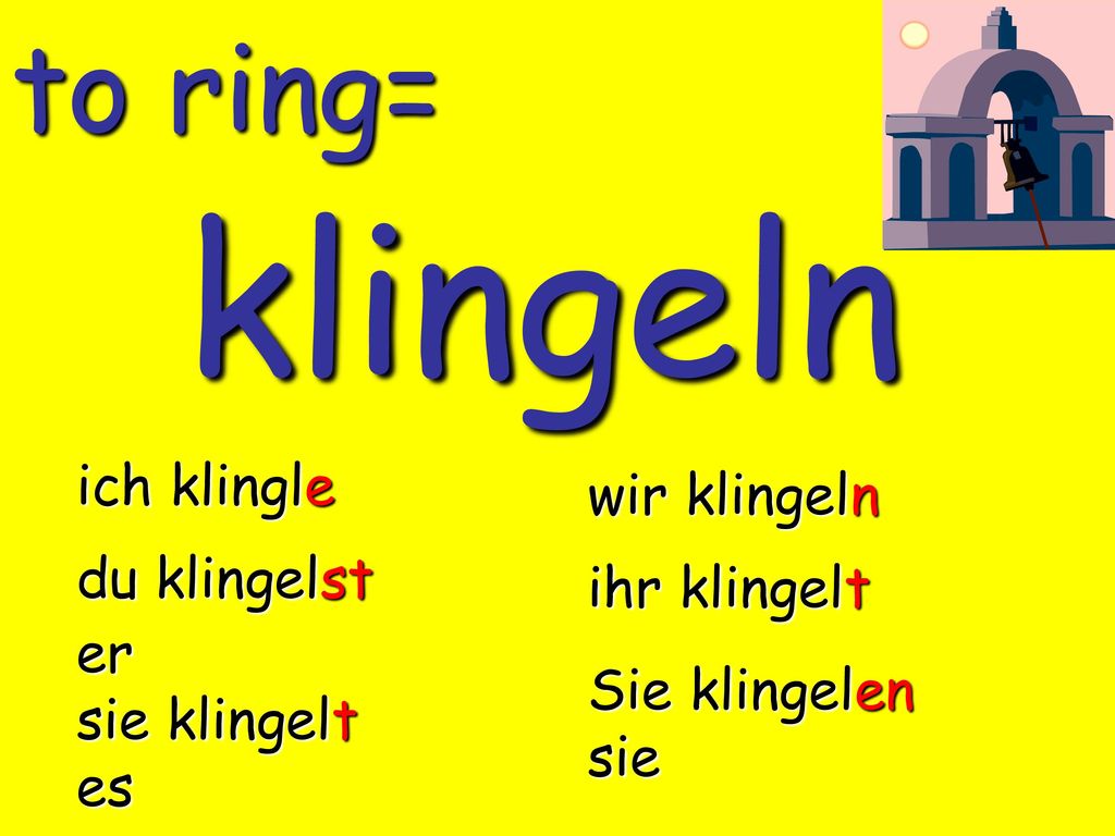 klingeln to ring= ich klingle wir klingeln du klingelst ihr klingelt