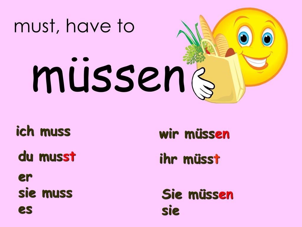 müssen must, have to ich muss wir müssen du musst ihr müsst