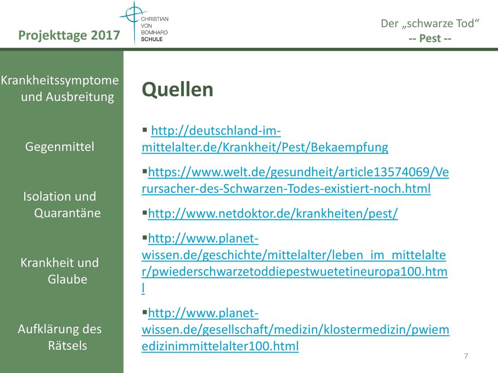 Quellen Projekttage 2017 Krankheitssymptome und Ausbreitung
