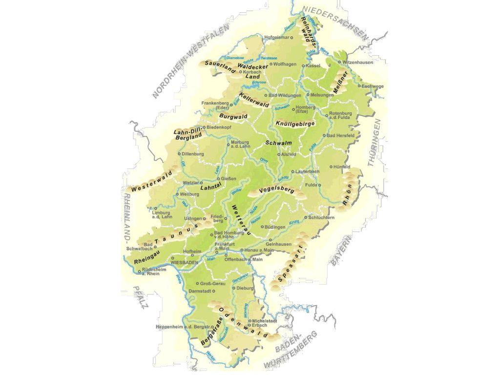Das Bundesland Hessen liegt mitten in Deutschland, umgeben von 7 anderen Bundesländern.
