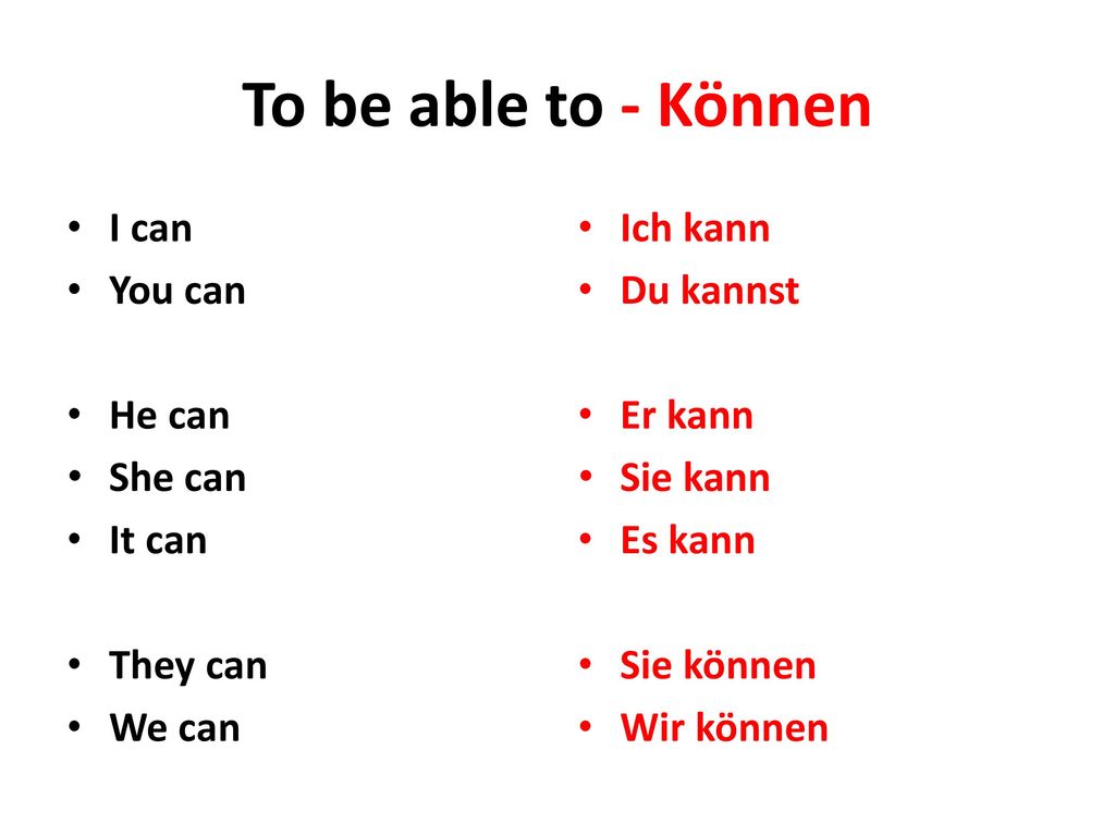 To be able to - Können I can You can He can She can It can They can