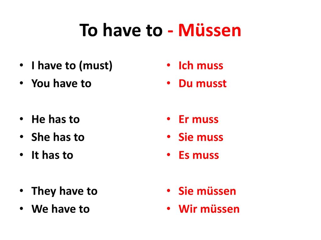 To have to - Müssen I have to (must) You have to He has to She has to