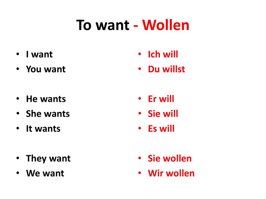 To want - Wollen I want You want He wants She wants It wants They want
