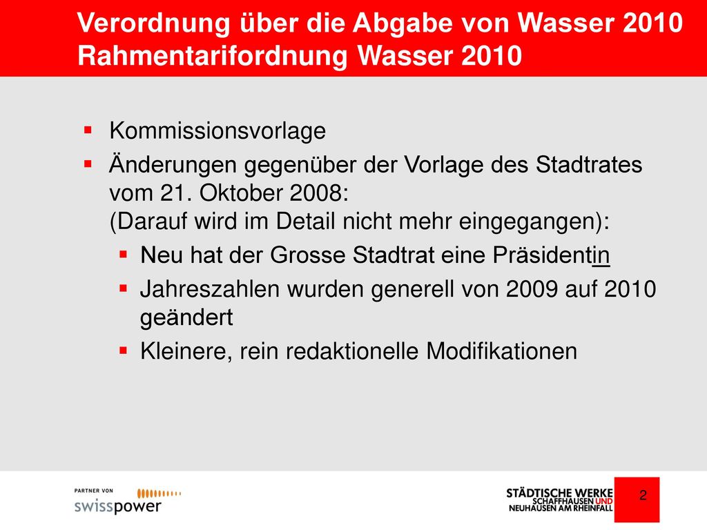 Verordnung über die Abgabe von Wasser 2010 Rahmentarifordnung Wasser 2010