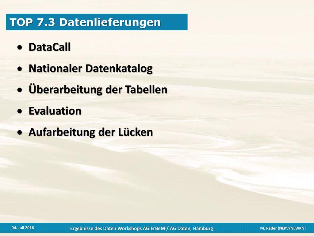 Nationaler Datenkatalog Überarbeitung der Tabellen Evaluation
