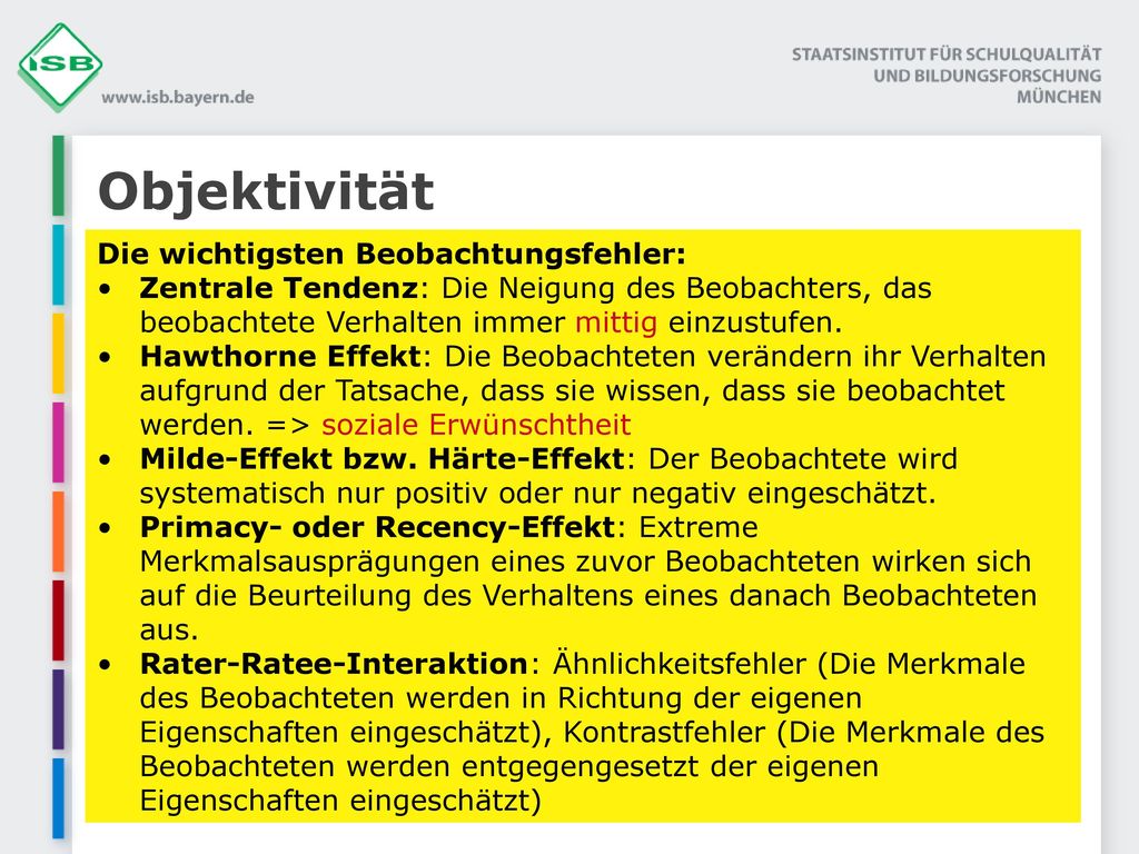Objektivität Die wichtigsten Beobachtungsfehler: Zentrale Tendenz: Die Neigung des Beobachters, das beobachtete Verhalten immer mittig einzustufen.