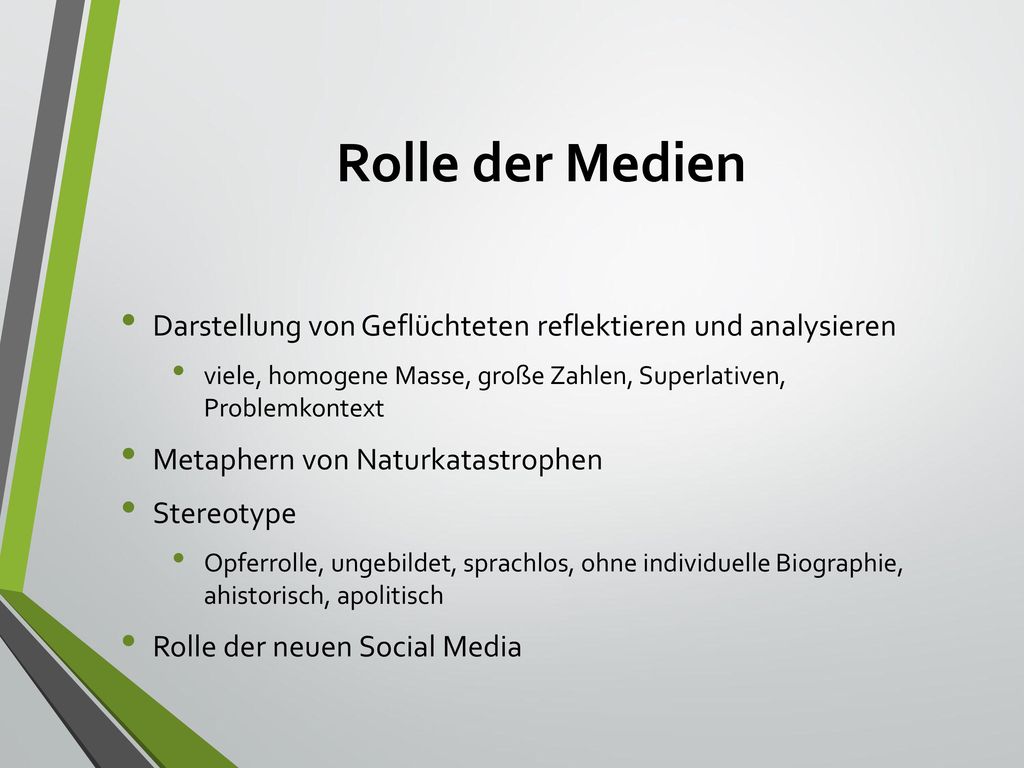 Rolle der Medien Darstellung von Geflüchteten reflektieren und analysieren. viele, homogene Masse, große Zahlen, Superlativen, Problemkontext.