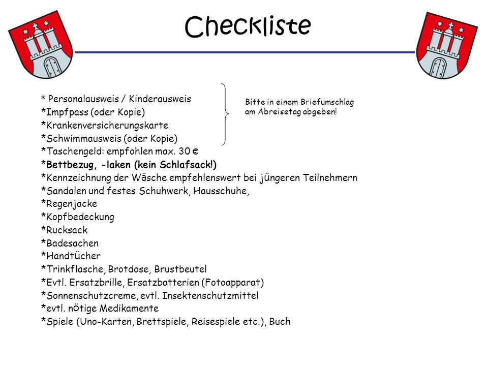 Checkliste * Personalausweis / Kinderausweis Impfpass (oder Kopie)