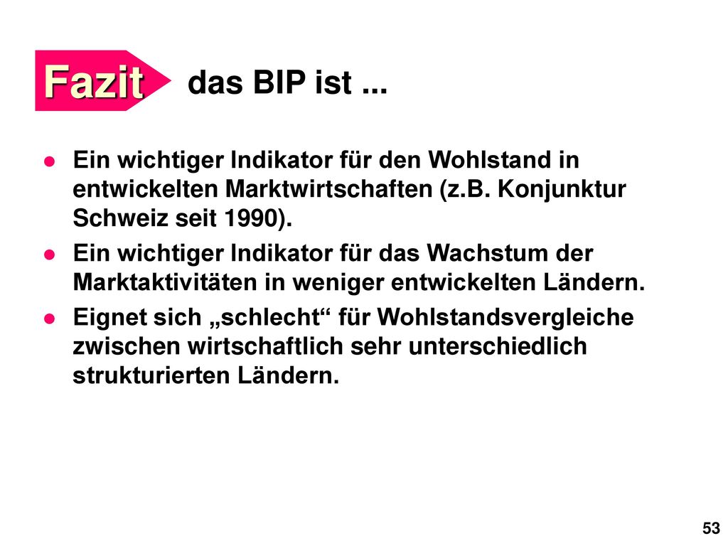 Fazit das BIP ist ... Ein wichtiger Indikator für den Wohlstand in entwickelten Marktwirtschaften (z.B. Konjunktur Schweiz seit 1990).