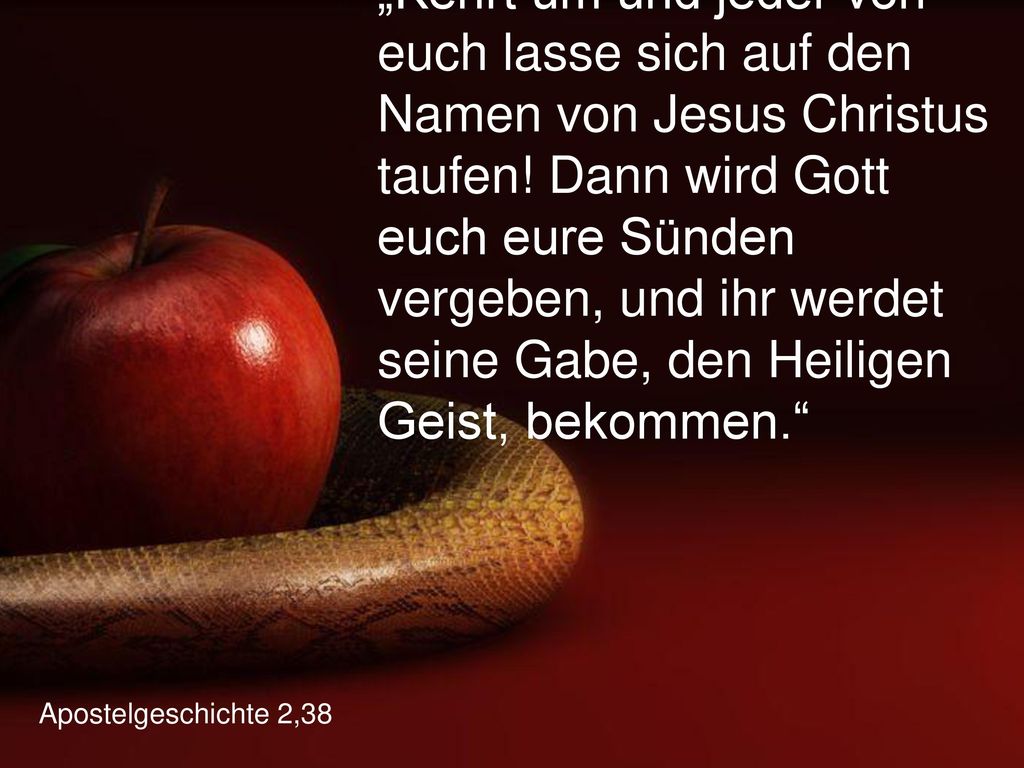„Kehrt um und jeder von euch lasse sich auf den Namen von Jesus Christus taufen! Dann wird Gott euch eure Sünden vergeben, und ihr werdet seine Gabe, den Heiligen Geist, bekommen.