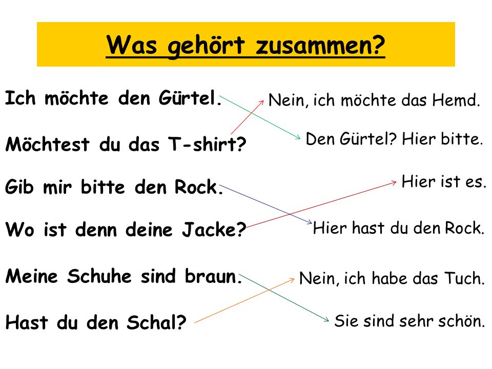 Was gehört zusammen Ich möchte den Gürtel. Möchtest du das T-shirt