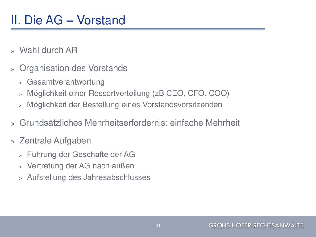 II. Die AG – Vorstand Wahl durch AR Organisation des Vorstands