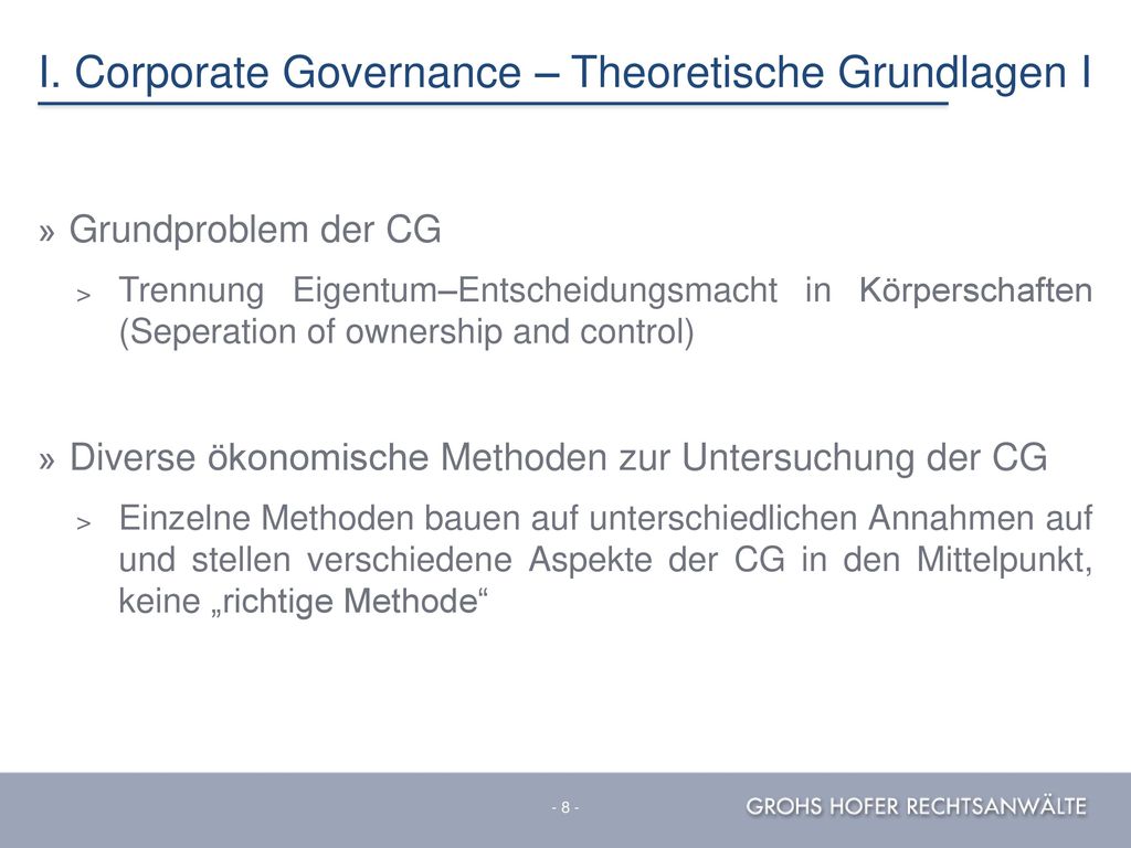 I. Corporate Governance – Theoretische Grundlagen I