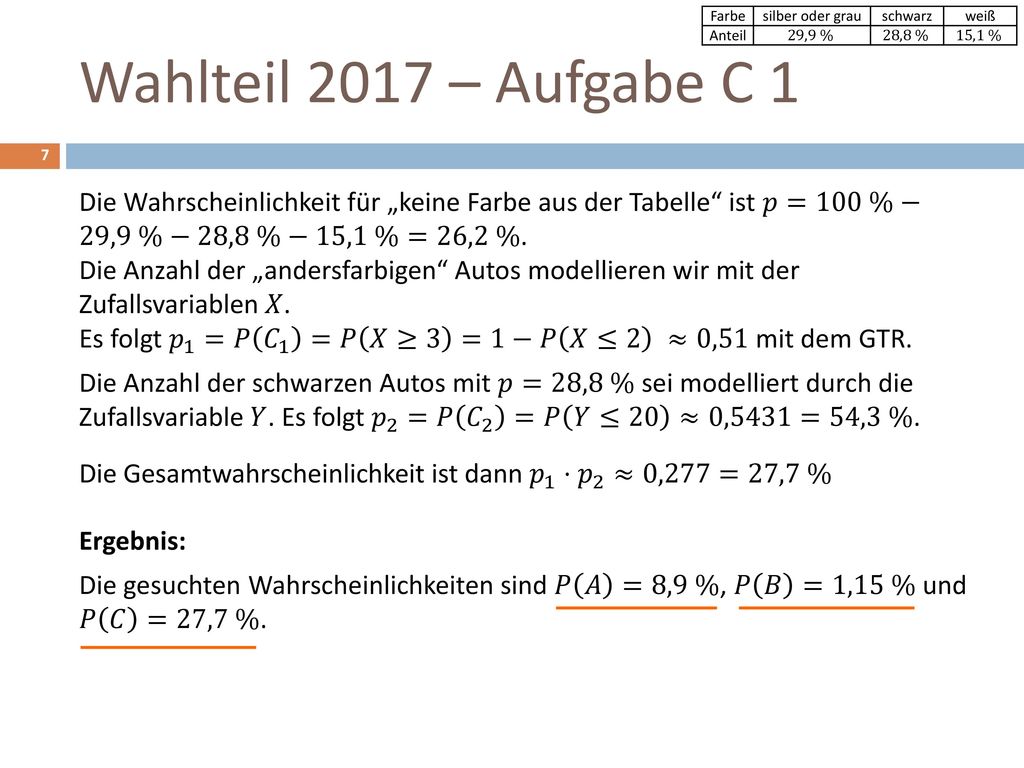 Farbe silber oder grau. schwarz. weiß. Anteil. 29,9 % 28,8 % 15,1 % Wahlteil 2017 – Aufgabe C 1.