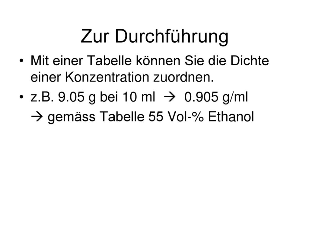 Zur Durchführung Mit einer Tabelle können Sie die Dichte einer Konzentration zuordnen. z.B g bei 10 ml  g/ml.
