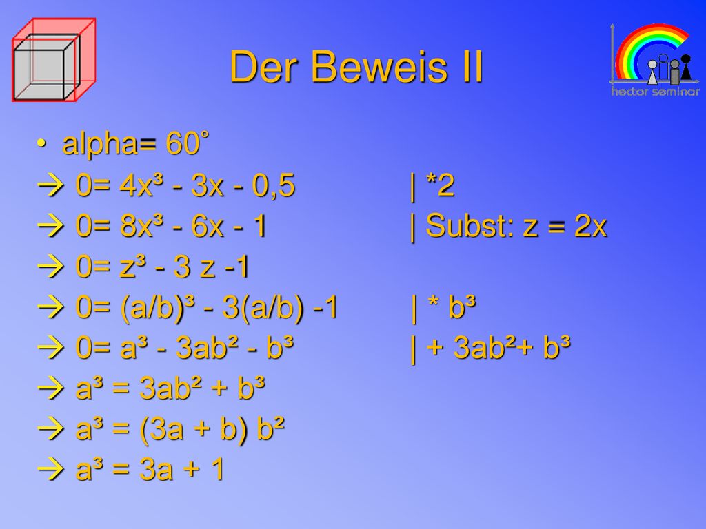 Der Beweis II alpha= 60° 0= 4x³ - 3x - 0,5 | *2
