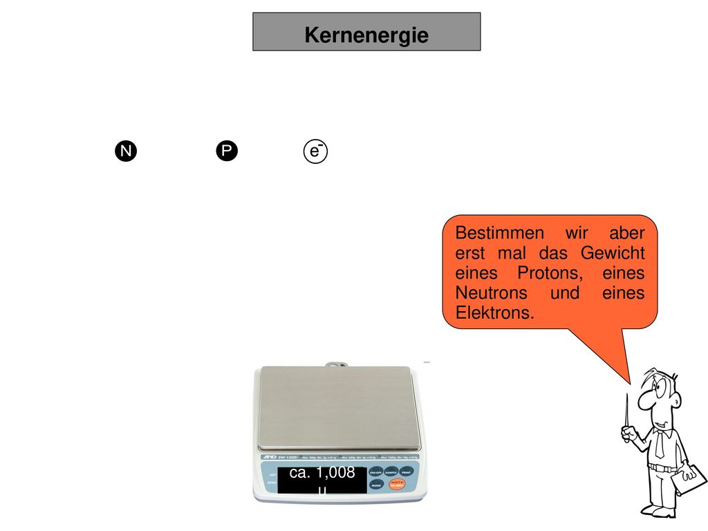 Kernenergie Bestimmen wir aber erst mal das Gewicht eines Protons, eines Neutrons und eines Elektrons.