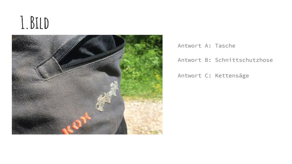 Bild Antwort A: Tasche Antwort B: Schnittschutzhose Antwort C: Kettensäge