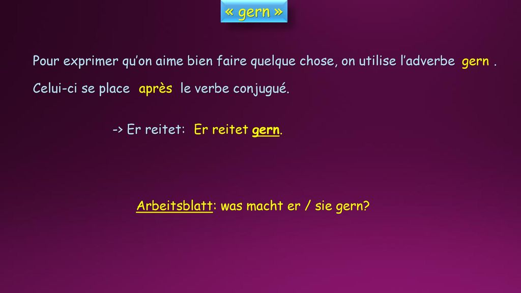« gern » Pour exprimer qu’on aime bien faire quelque chose, on utilise l’adverbe . gern. Celui-ci se place le verbe conjugué.