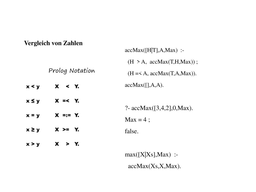 Vergleich von Zahlen - accMax([3,4,2],0,Max). Max = 4 ; false.
