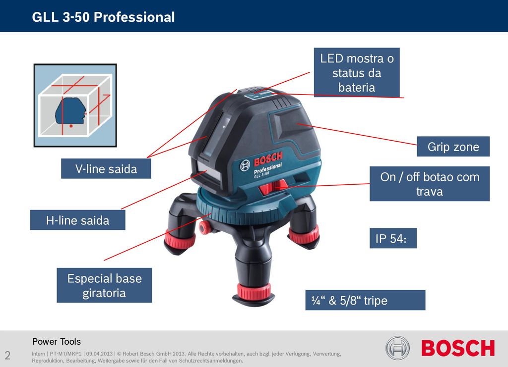 GLL 3-50 Professional LED mostra o status da bateria Grip zone