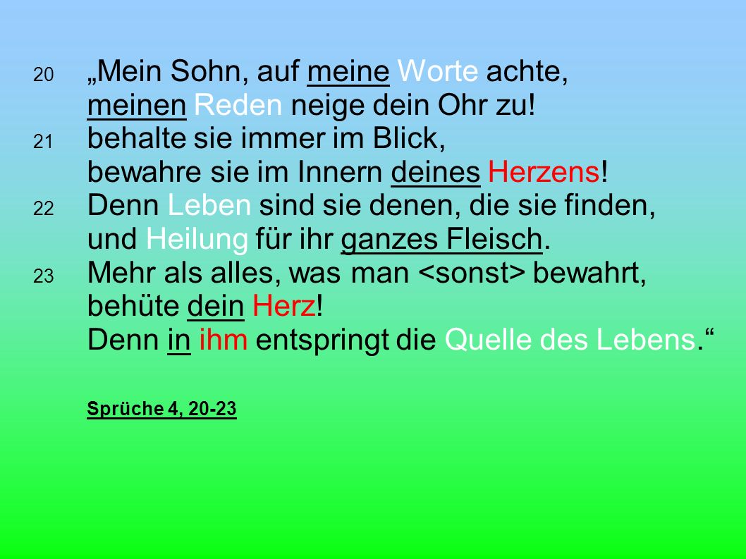 20. „Mein Sohn, auf meine Worte achte,. meinen Reden neige dein Ohr zu