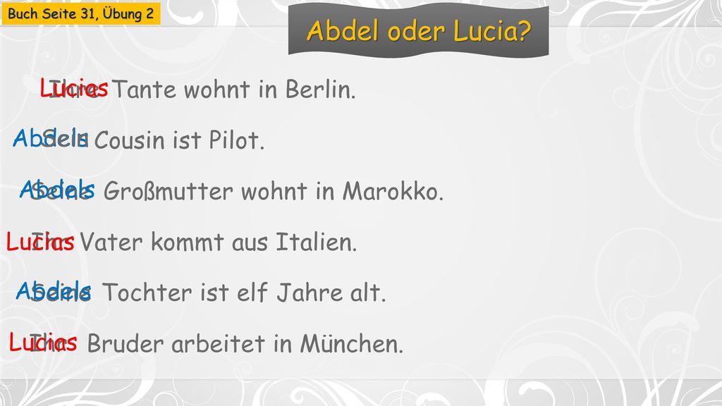 Abdel oder Lucia Lucias Ihre Tante wohnt in Berlin. Abdels Sein